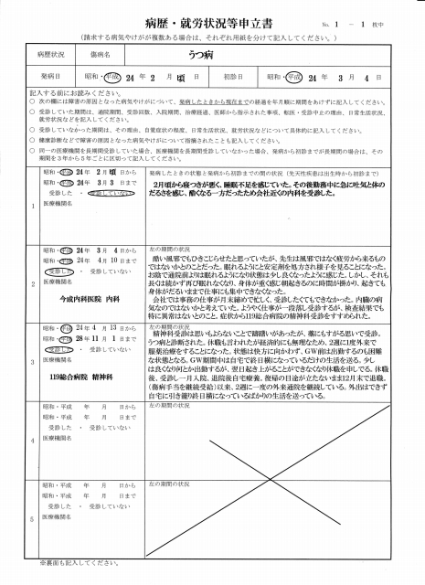 病歴 就労状況等申立書 の記入例